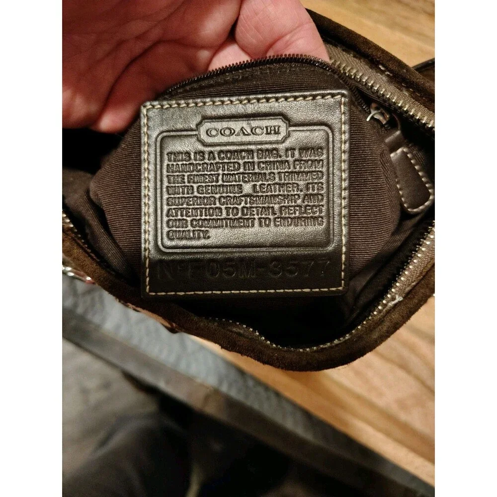 Coach Brown Signature Logo Shoulder Bag with Leather Trim, Buckle, Zip, Dust Bag